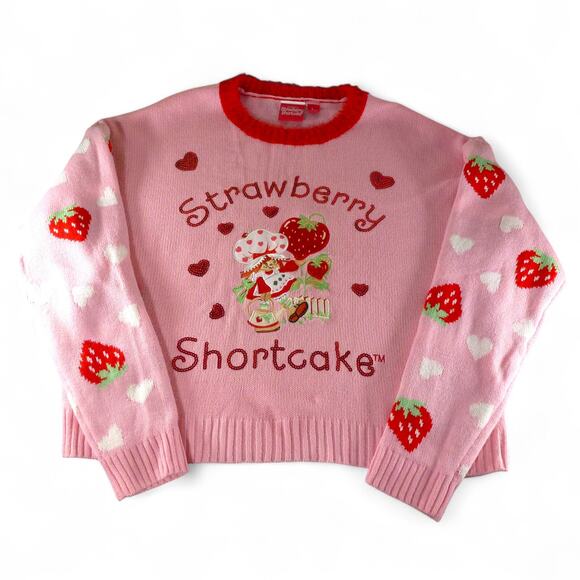 Strawberry Shortcake Knit Sweater Women’s Large L Retro Cartoon Y2K Hearts - Picture 1 of 9
